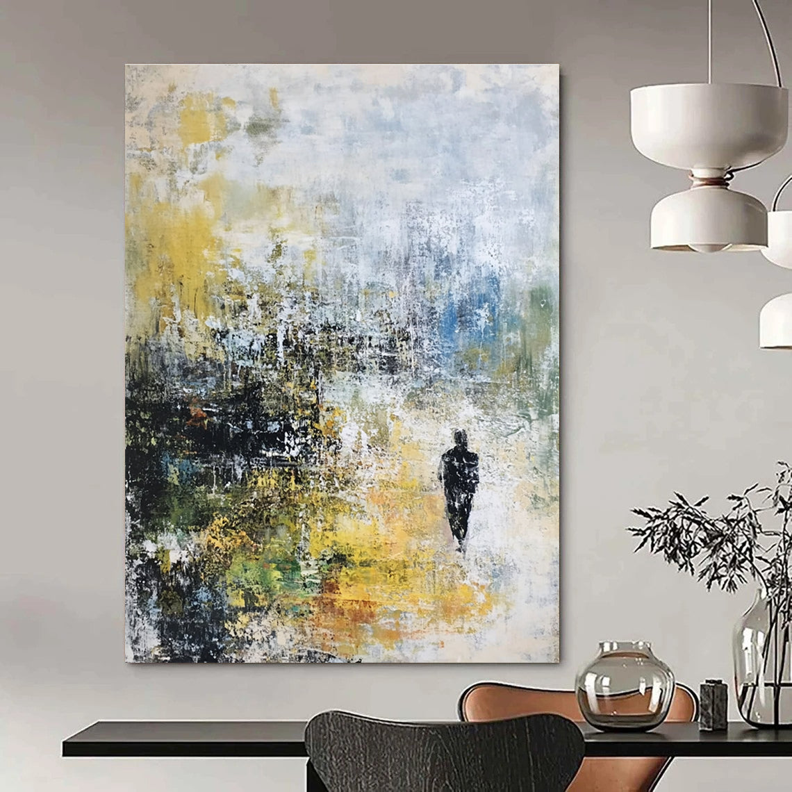 Large abstract painting on canvas with textured layers in pastel tones depicting a serene landscape under rain.STSC237