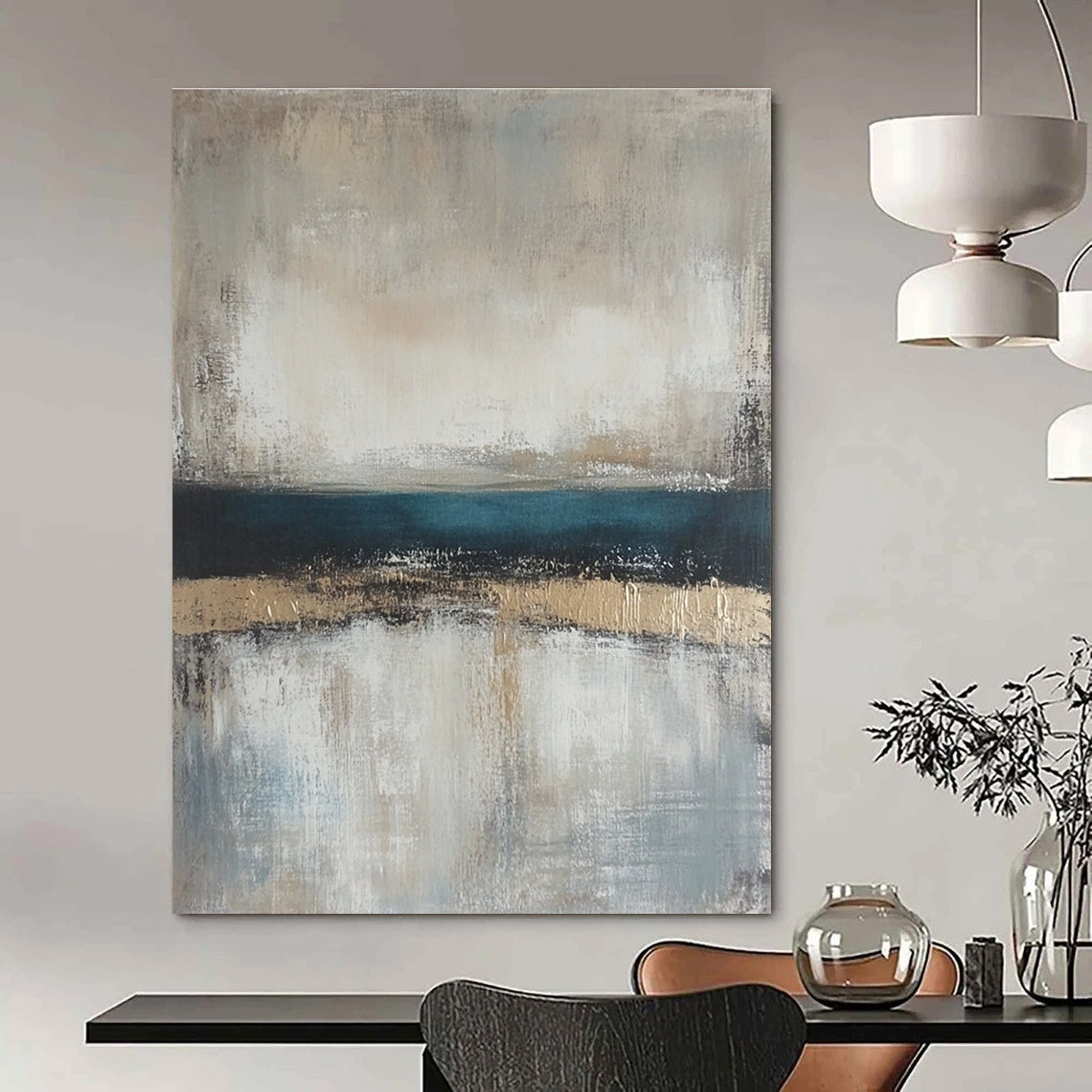 Large abstract painting featuring neutral colors and soft tones of beige gray and blue with a serene horizon line.STSC462