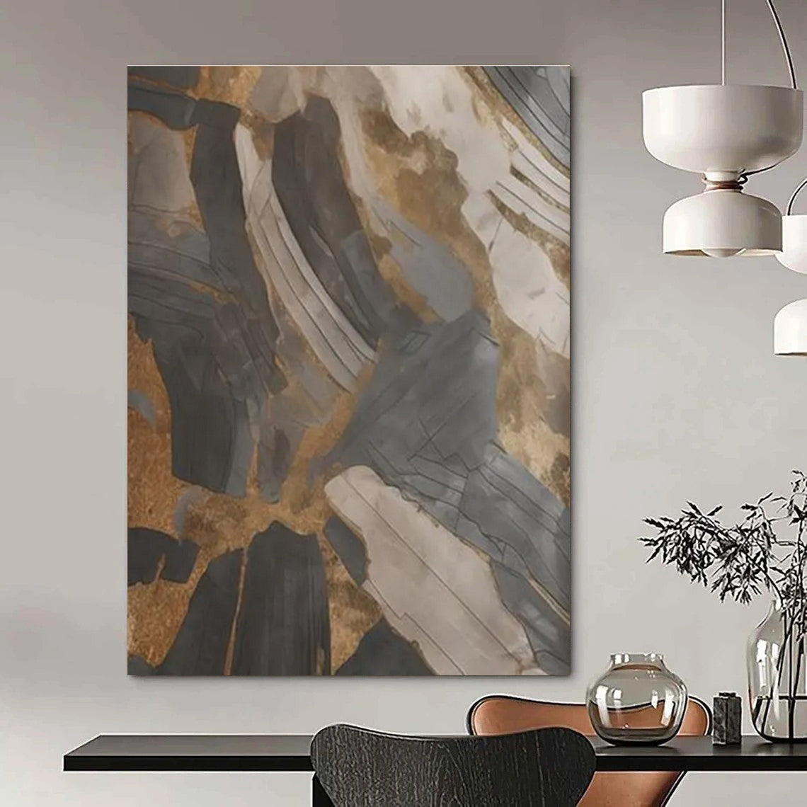 Black, Gray, and Gold Abstract Painting with Textured Layers ADGE137
