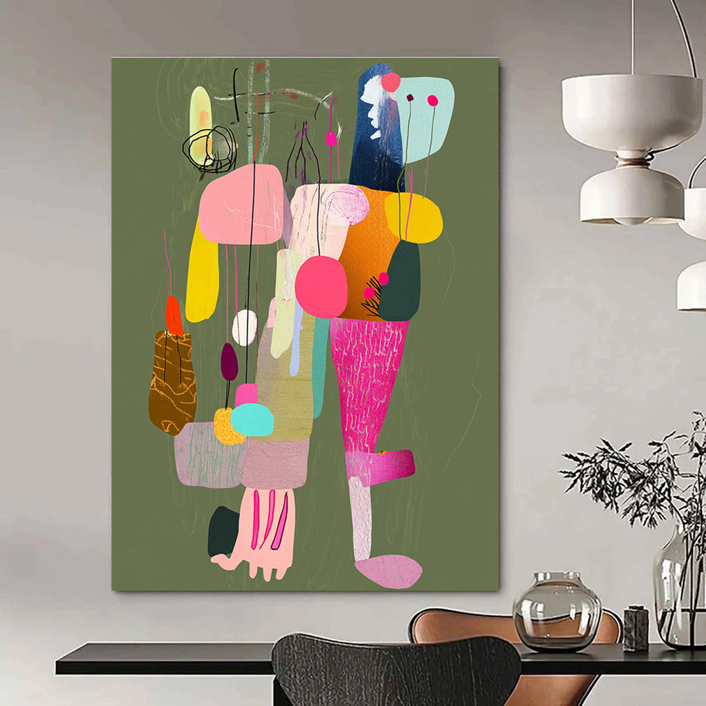 Large abstract painting featuring a colorful collage of limbs with strings connecting to various places against a muted greenish brown background.STSC970