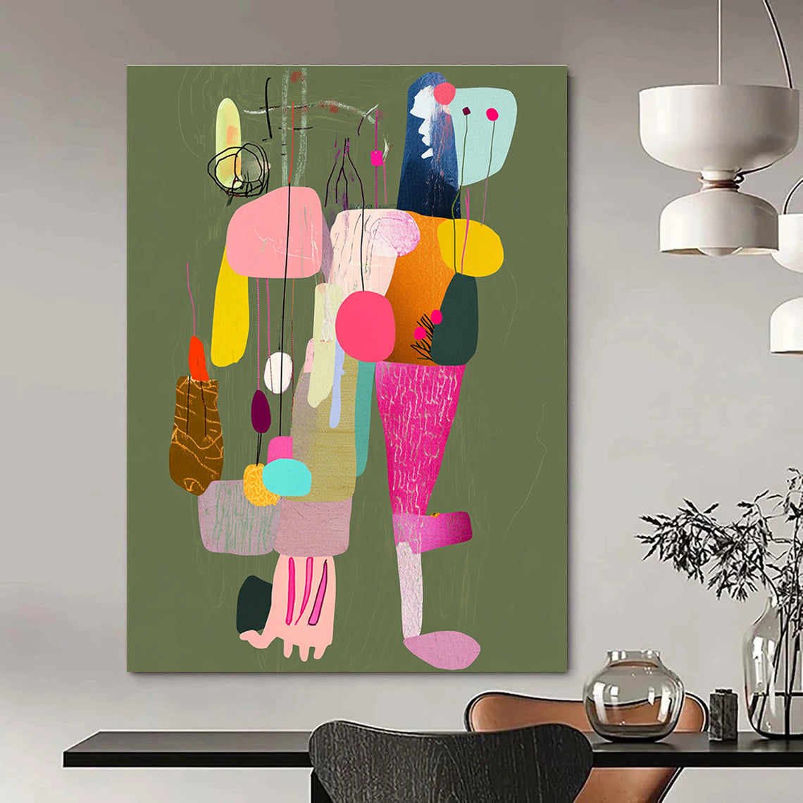 Large abstract painting featuring a colorful collage of limbs with strings connecting to various places against a muted greenish brown background.STSC970