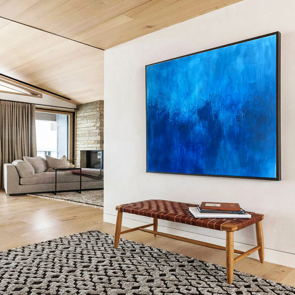 Abstract blue painting featuring deep blue hues and minimalist underwater elements inspired by Le Pho.SC036