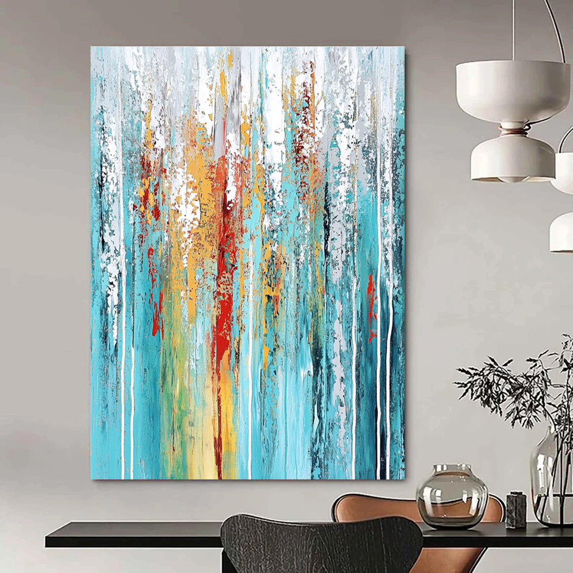 Large abstract painting featuring textured layers in teal aqua blue white gray red yellow green with dynamic streaks and vertical lines.STSC374