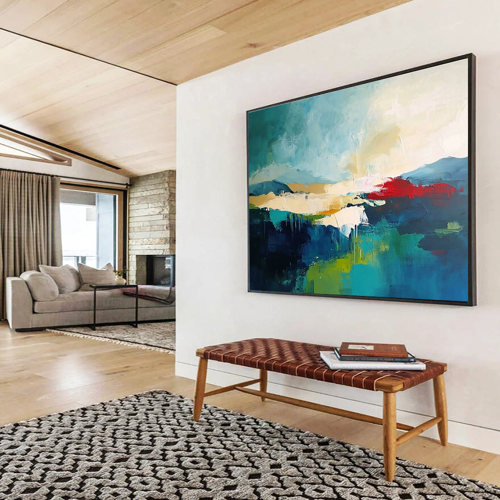 Large abstract painting featuring a dark sky-blue and light emerald green palette with beige and red accents on a soft neutral background.SC087