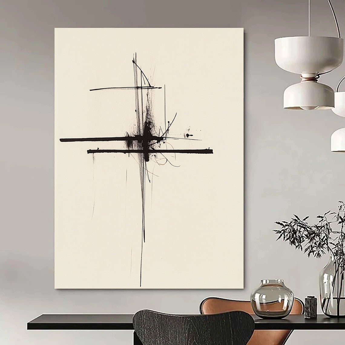 Large abstract painting featuring thin black lines on a white background inspired by Rothko's minimalistic style for a modern artistic touch.STSC1245