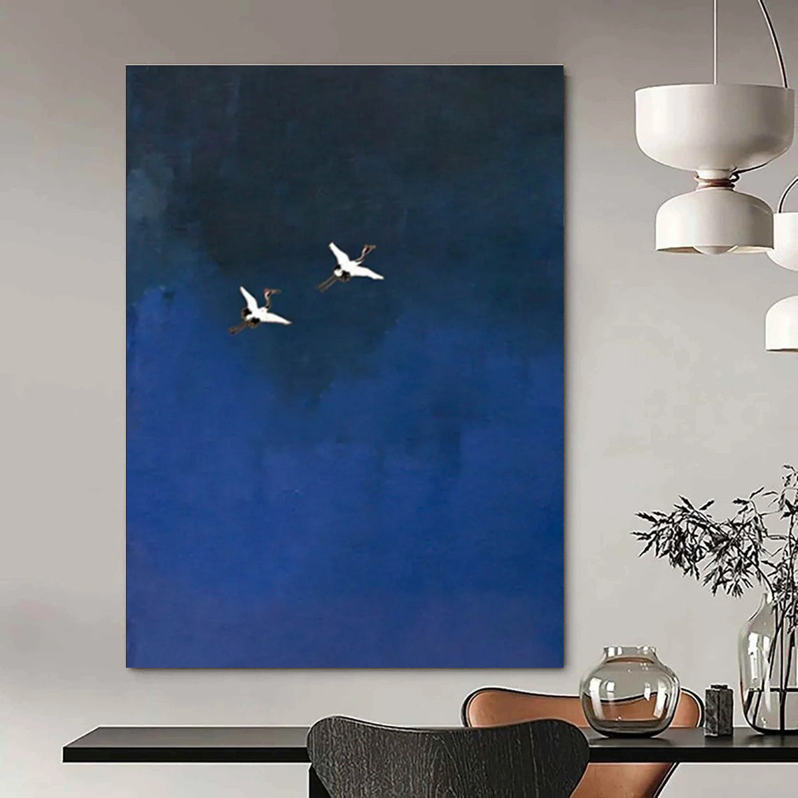 Cranes in Blue Sky Abstract Painting with Minimalist Charm ADGE481