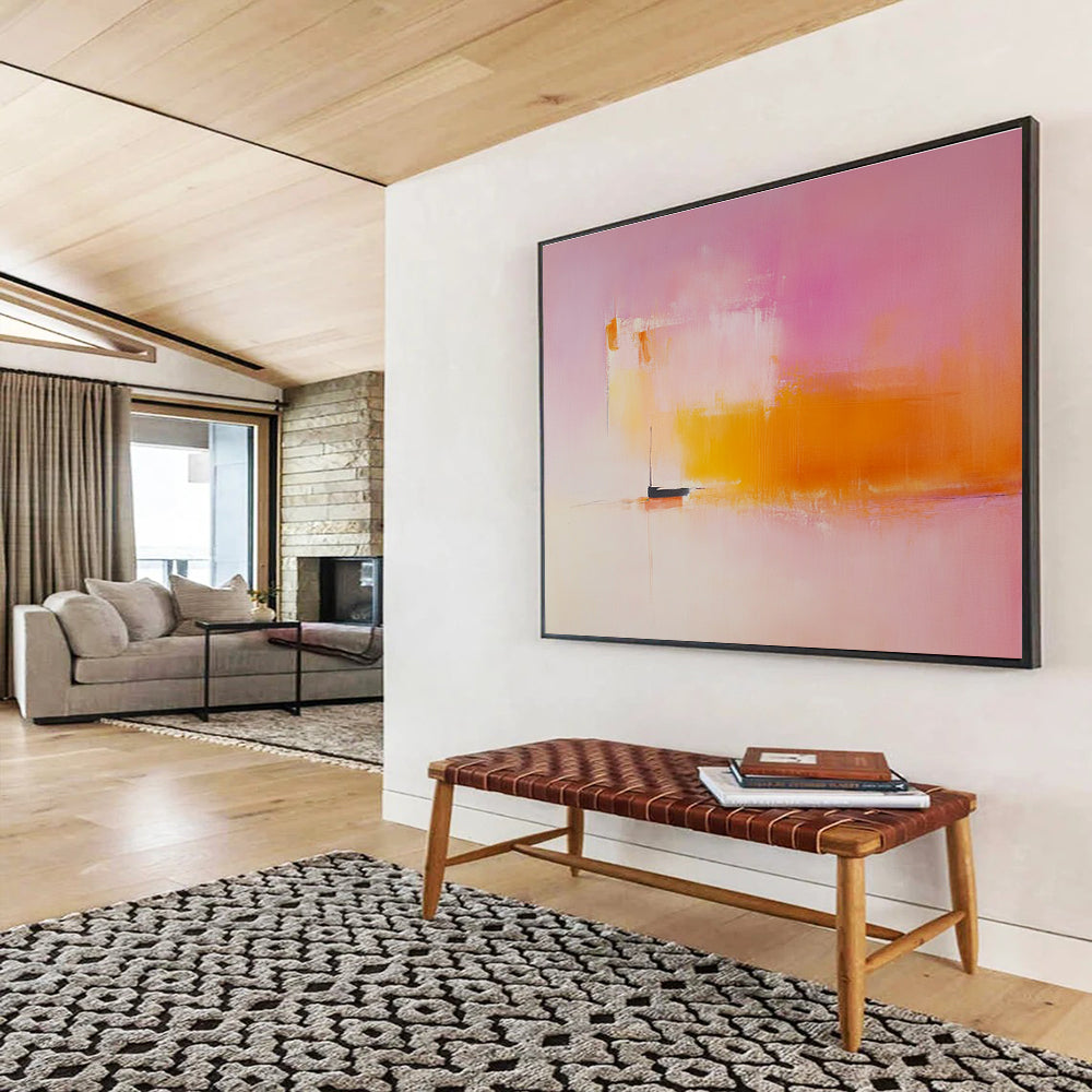 Large abstract painting featuring light pink and orange hues with a small boat on the horizon in a minimalist blurred landscape.SC330