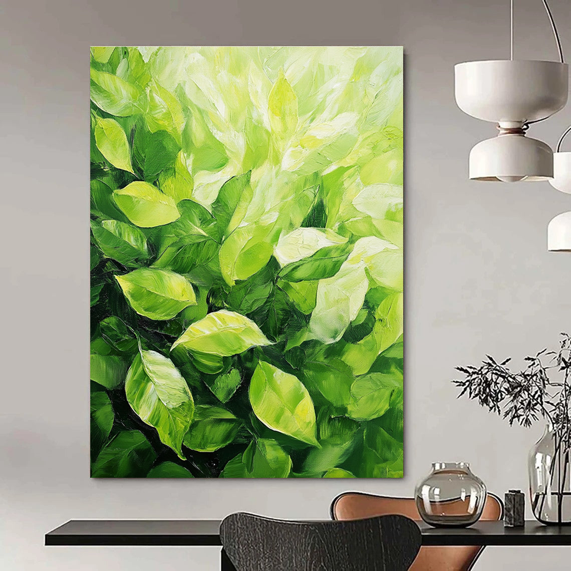 Large abstract painting featuring lush green leaves with vibrant colors and expressive brushstrokes capturing the tranquility of nature.STSC1032