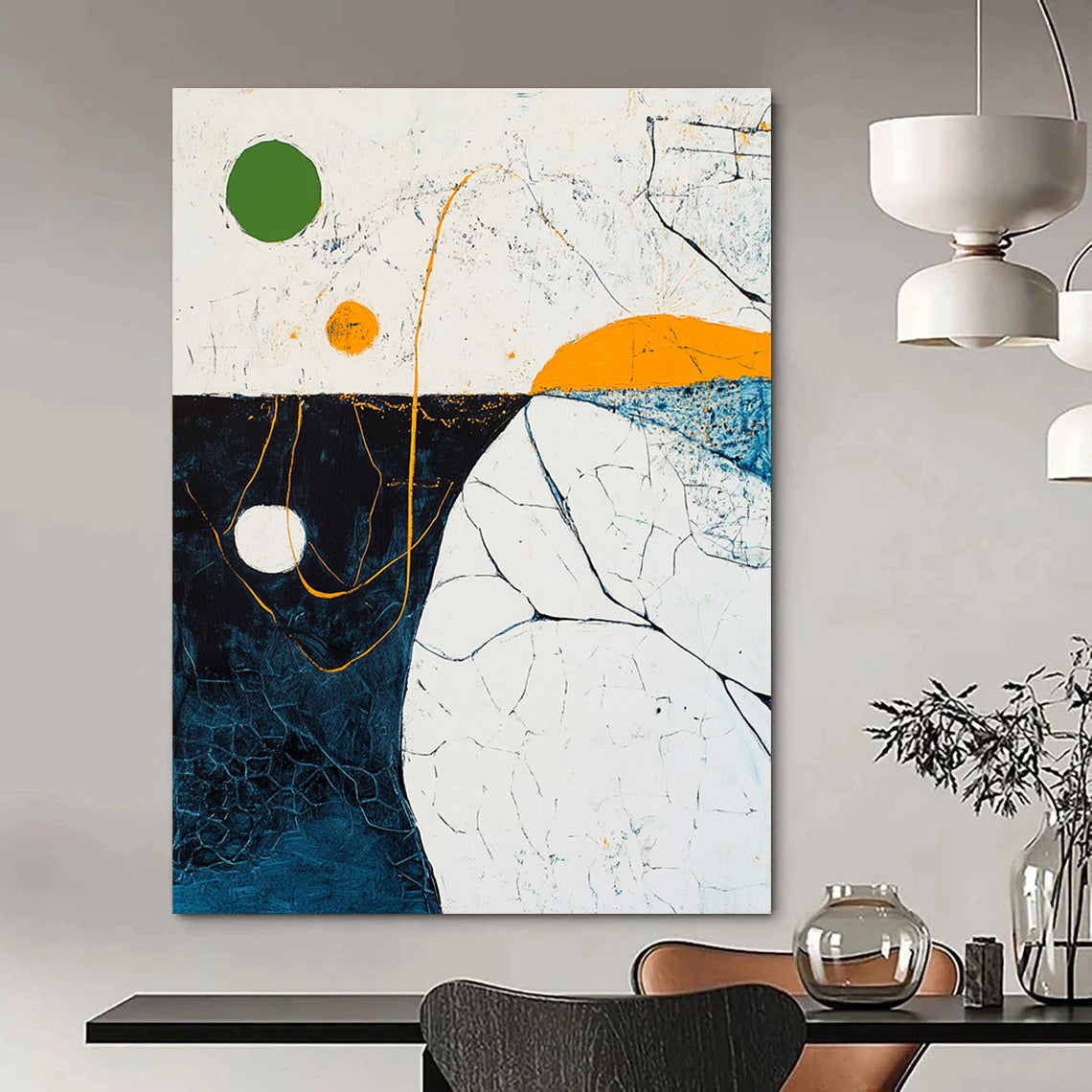 Large abstract painting depicting an aerial ocean view with a green circle and yellow lines featuring thick brush strokes and vibrant colors.STSC255