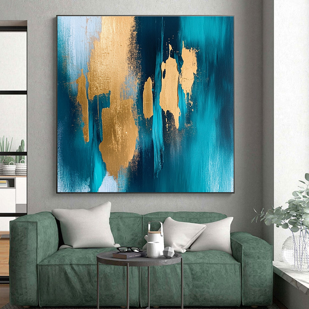 Teal and Gold Abstract Painting with Dynamic Forms GER381
