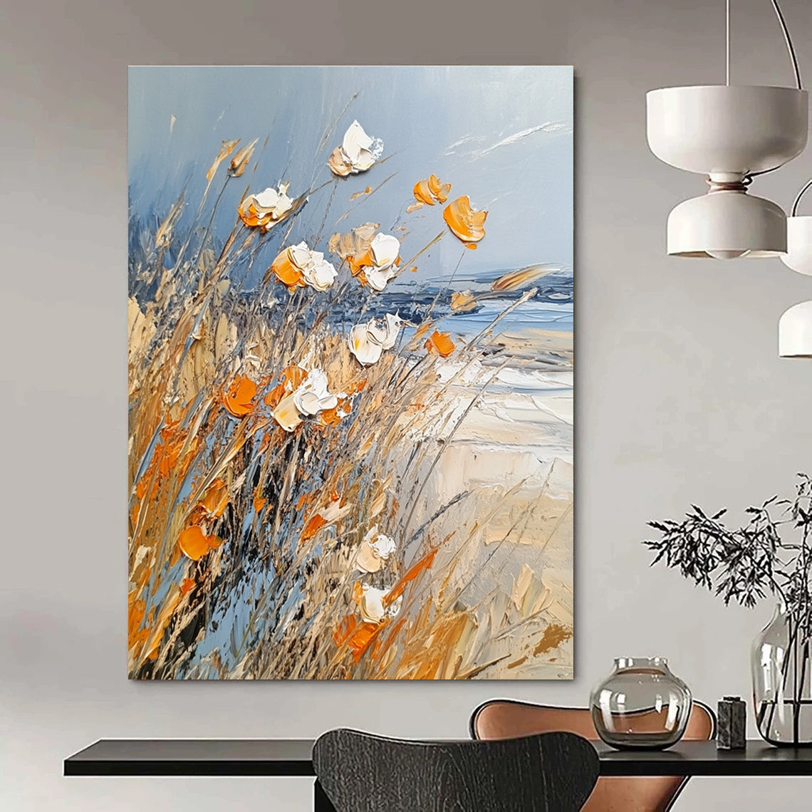 Large abstract painting of beach grass in light blue white and orange featuring thick brush strokes and textured palette knife techniques.STSC880