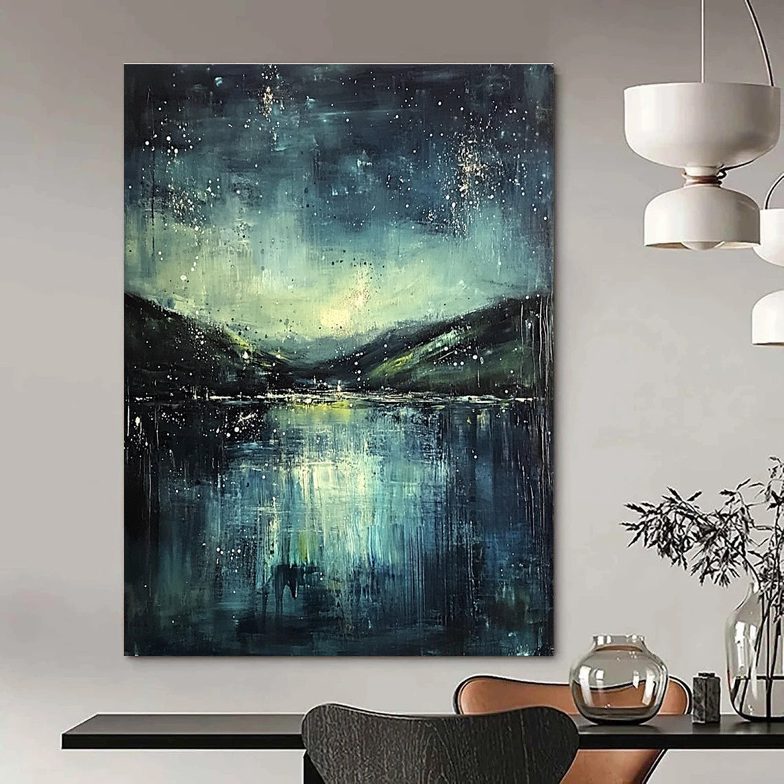 Abstract painting featuring a misty night sky with stars a serene lake and green hills in dark blue and teal hues.STSC294