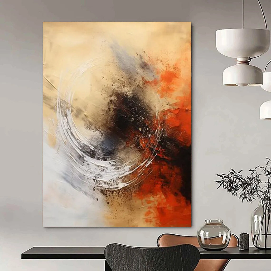 Circular Motion in Warm Hues Abstract Painting with Beige, Orange, and Black ADGE121