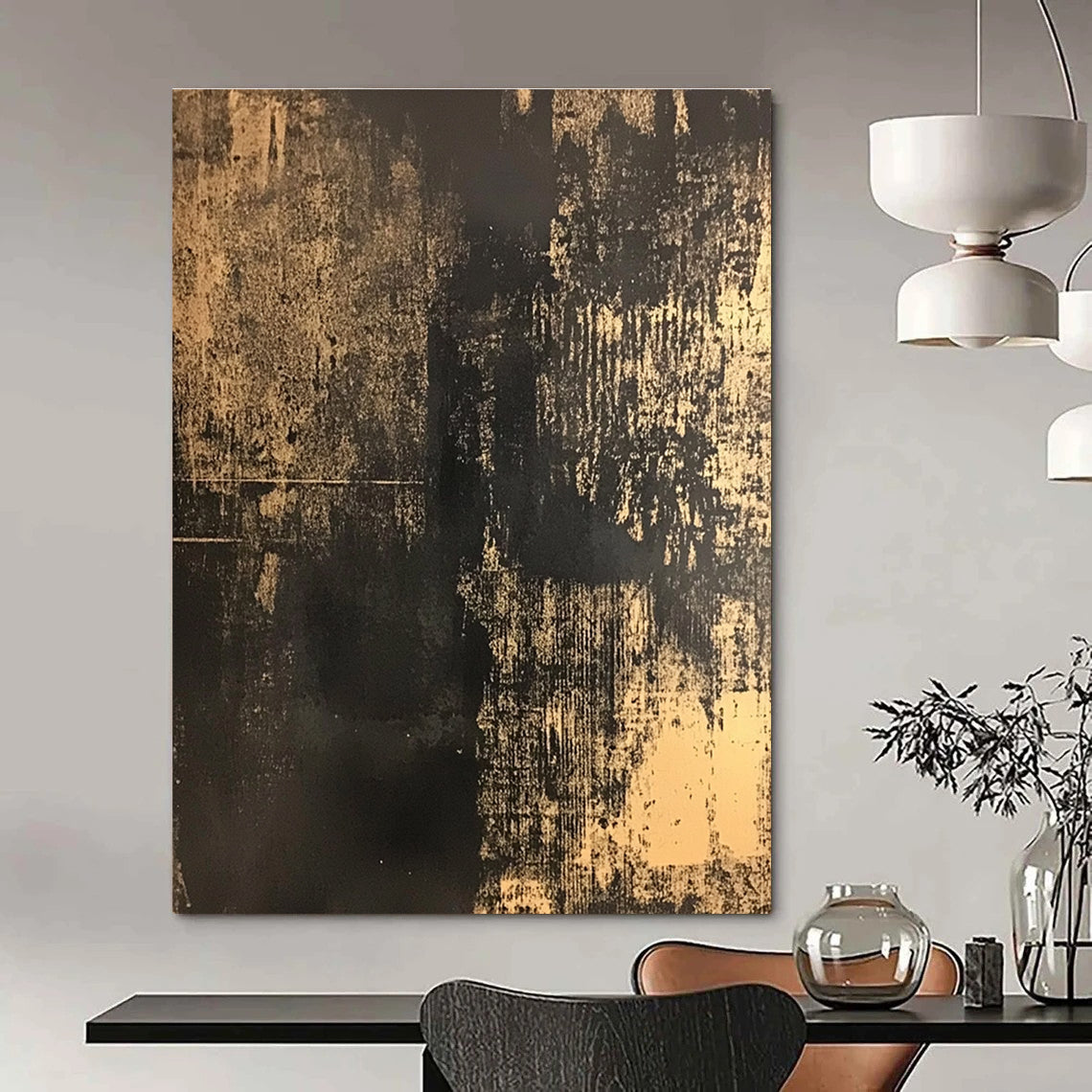 Abstract painting in black and gold on distressed dark brown canvas showcasing intricate details and subtle patterns reminiscent of traditional Chinese art.STSC855