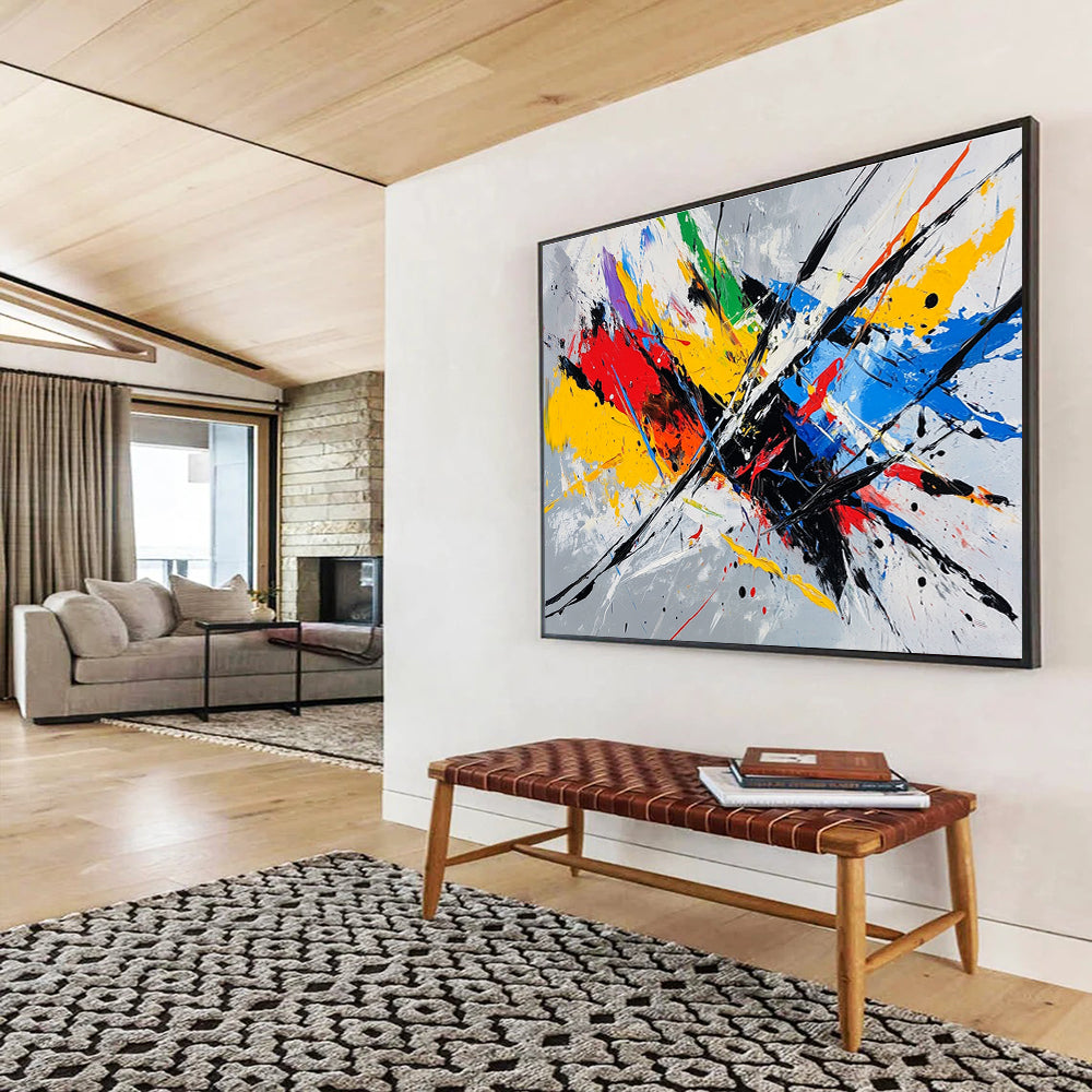 Bold abstract painting featuring dynamic lines and vibrant colors, capturing the essence of speed on a gray background.SC156