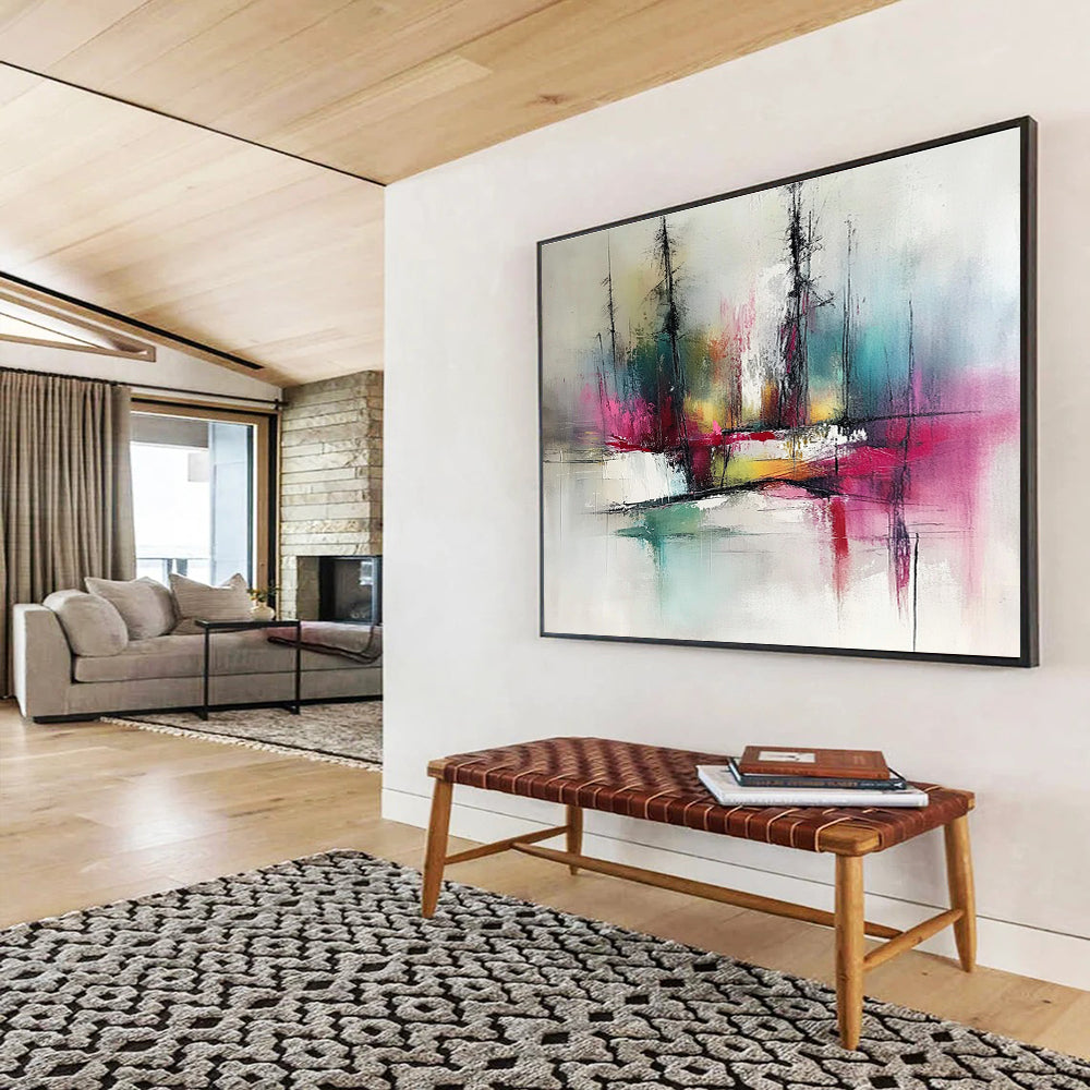 Colorful Forest Reflection Abstract Painting with Vibrant Trees and Water DYP249