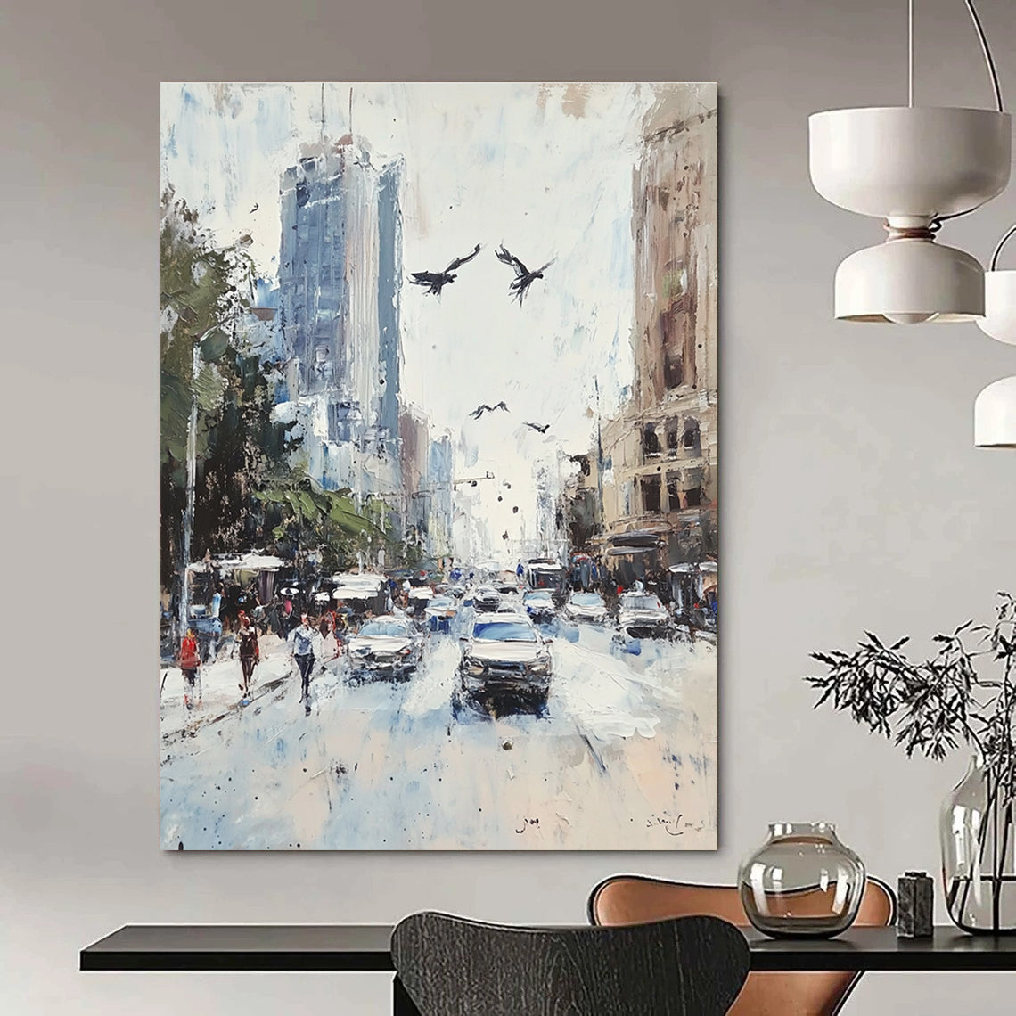 Large abstract painting featuring a vibrant Sydney street scene with soft pastel colors and impressionist brush strokes.STSC1135