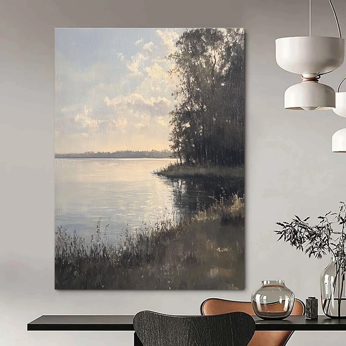 Large abstract painting depicting serene Chautauqua Lake with muted colors soft sunlight and detailed brushstrokes creating a tranquil atmosphere.STSC1173