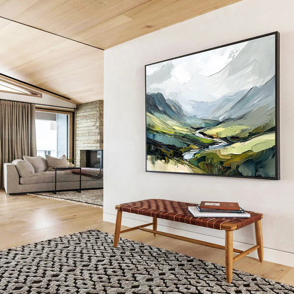 Impasto Mountain Valley Abstract Painting with Rich Greens DYP597