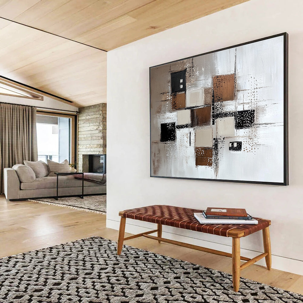 Large abstract painting featuring a white background with various brown and grey squares and neutral-toned lines and dots.SC213