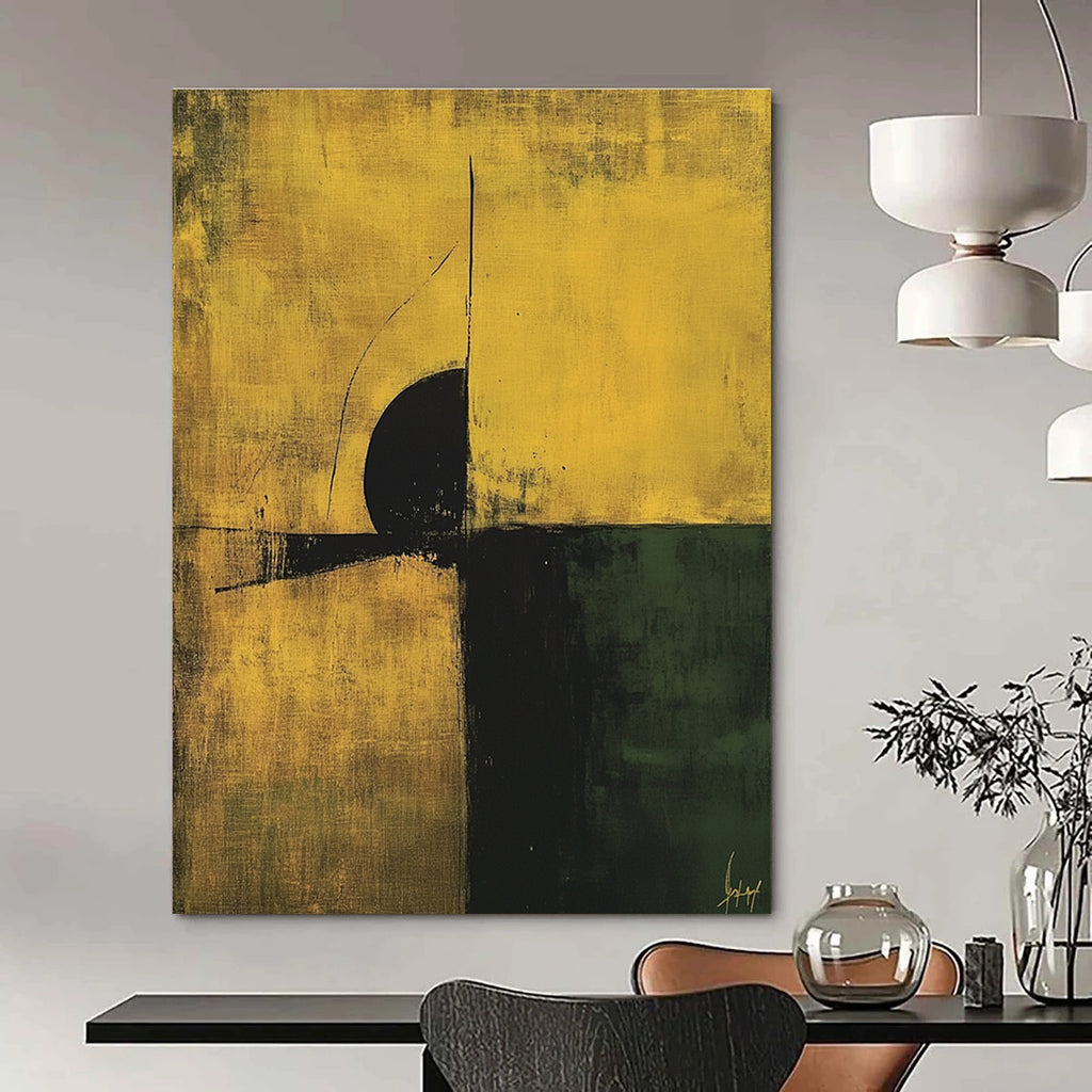 Large abstract painting in minimalist style featuring earthy yellow and green tones with black accents and simple line composition.STSC246