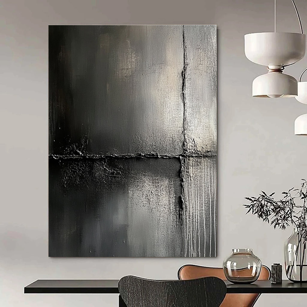 Large abstract painting features impasto textures against a dark gray background evoking urban decay and mystery for captivating exploration.STSC425