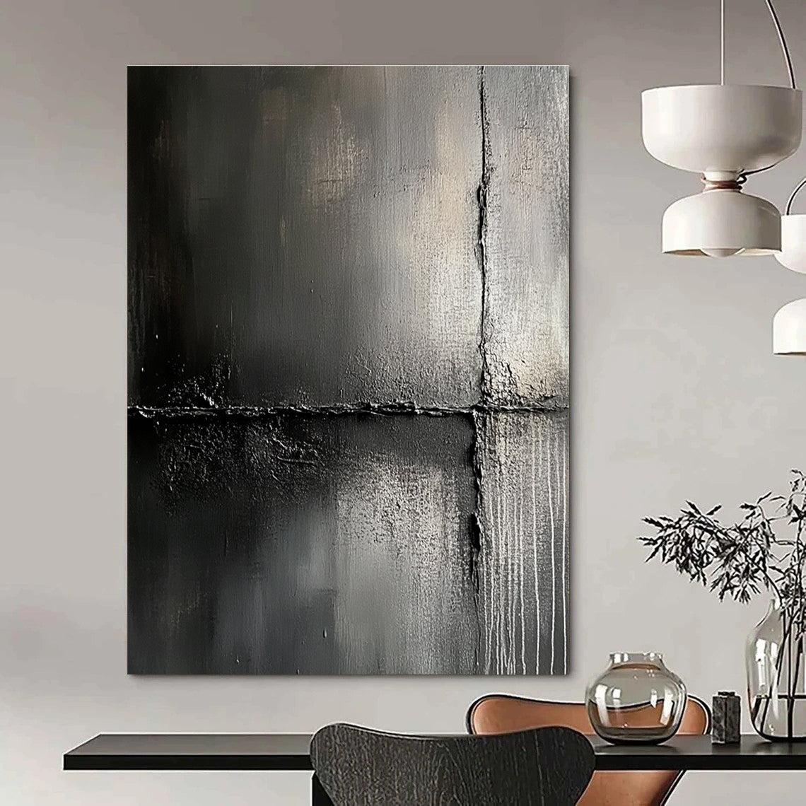 Large abstract painting features impasto textures against a dark gray background evoking urban decay and mystery for captivating exploration.STSC425