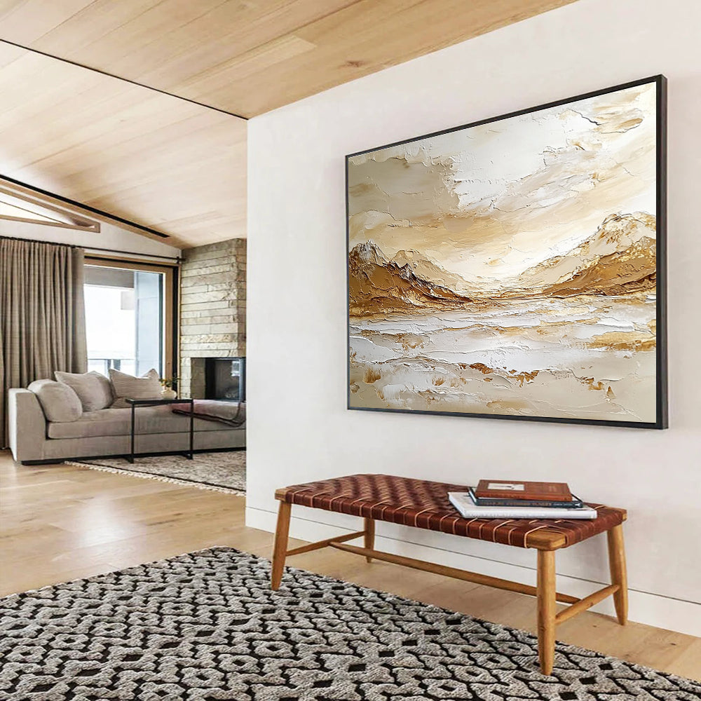 Large abstract painting depicting an Arctic landscape with mountains, sea waves, and sky in warm tones on textured canvas using impasto technique.SC621