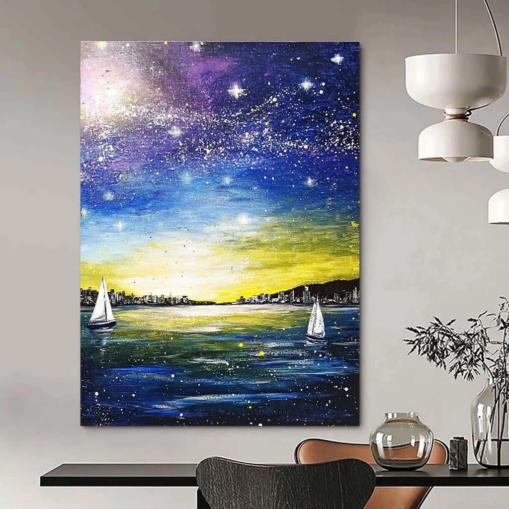 A large abstract painting featuring a blue sea and sky, white stars, sailboats, and a city silhouette using yellow, purple, green, and navy colors.STSC848
