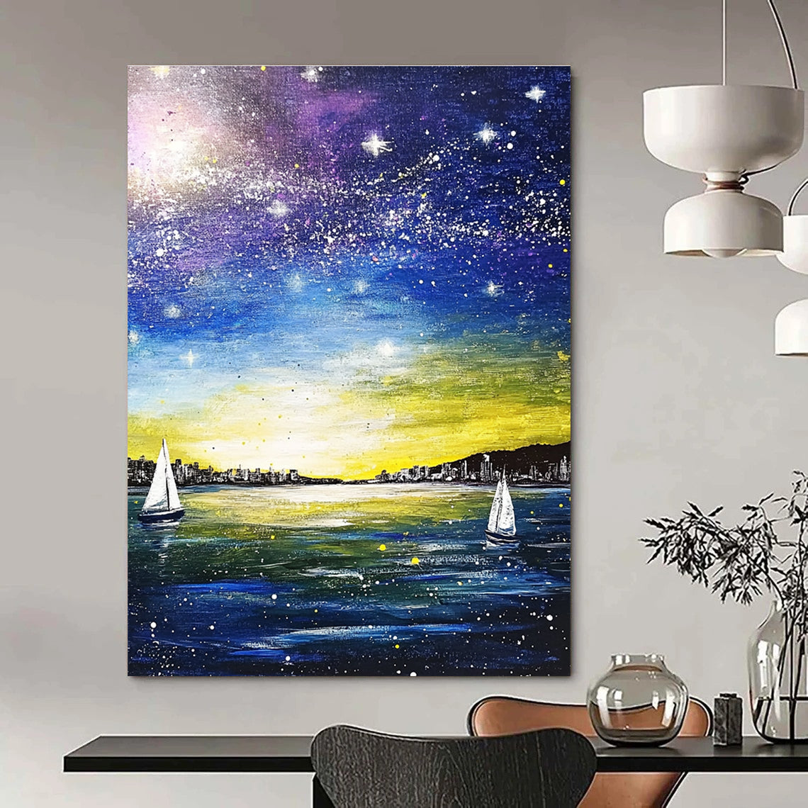 A large abstract painting featuring a blue sea and sky, white stars, sailboats, and a city silhouette using yellow, purple, green, and navy colors.STSC848