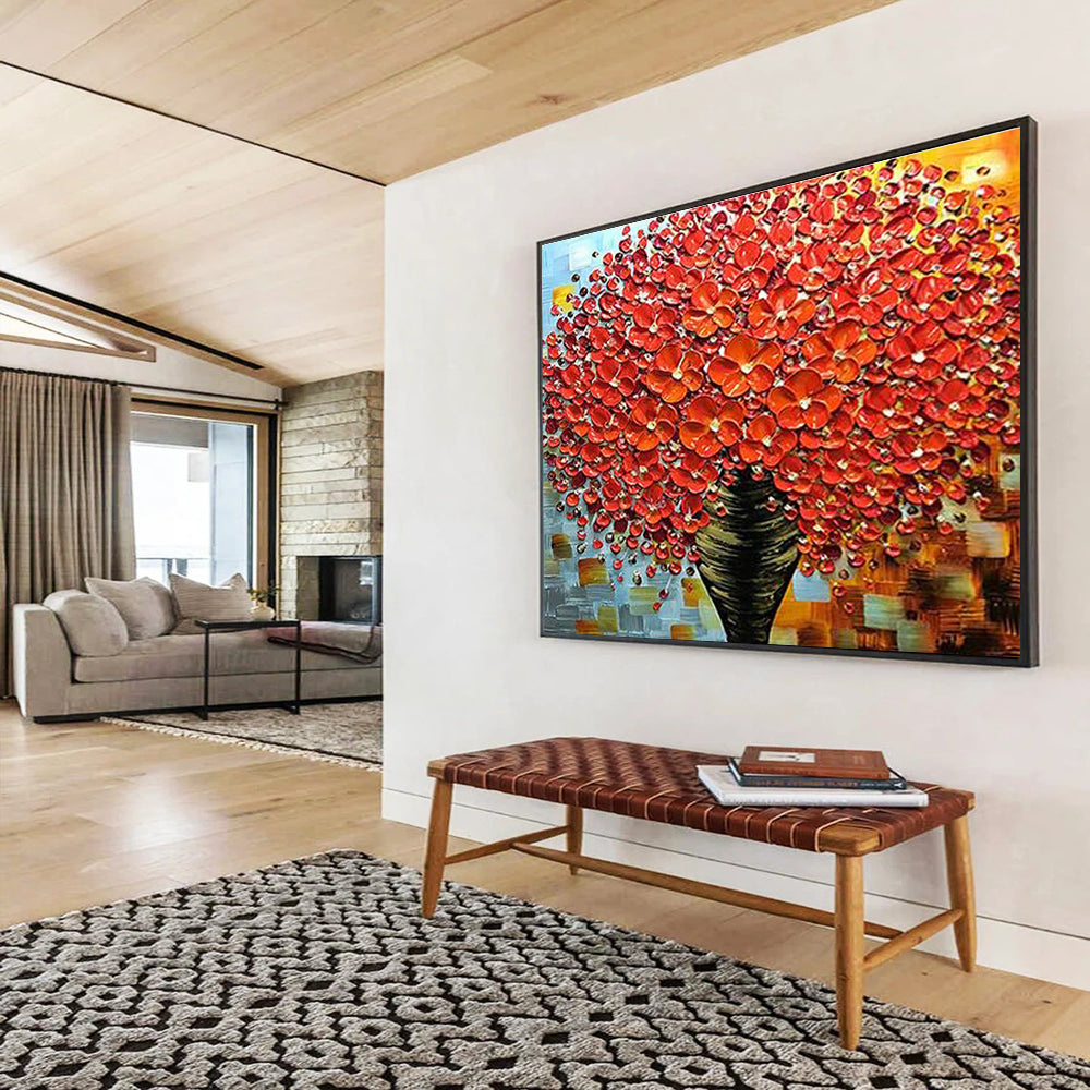 Red Flower Vase Abstract Painting with Textured Petals THY226