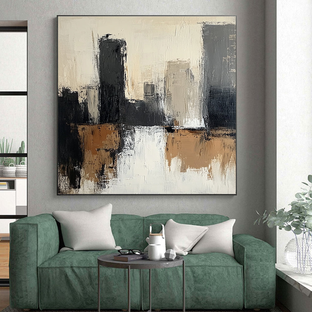 Black White and Brown Abstract Painting with Cityscape Motifs GER489