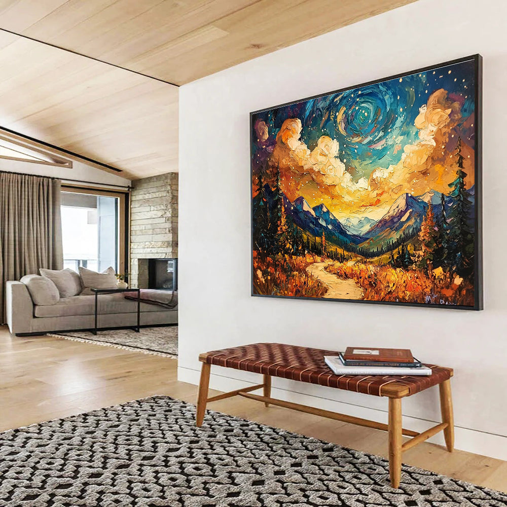 A large abstract painting capturing the Alaskan wilderness under a vibrant sky with textured brush strokes and a winding path leading through stunning colors.SC564