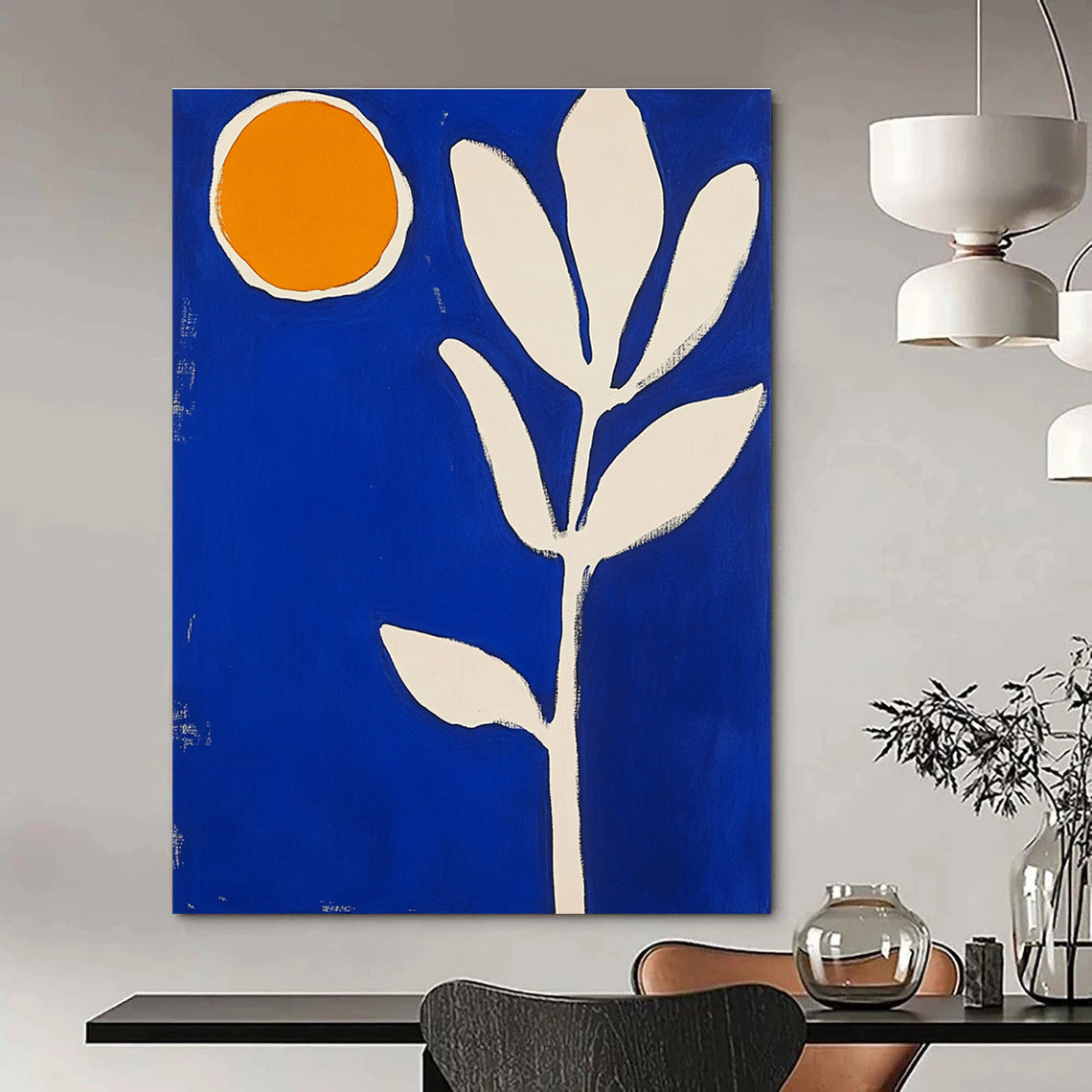 Large abstract painting featuring blue and white shapes an orange sun and a thick brush stroke flower in vibrant colors.STSC1316