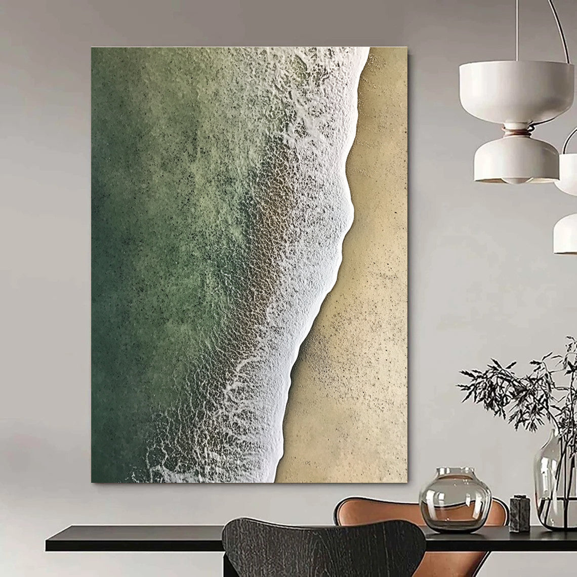 Large abstract painting of soft textured sand meeting green and white water from an aerial view, evoking serenity and natural beauty.STSC1159