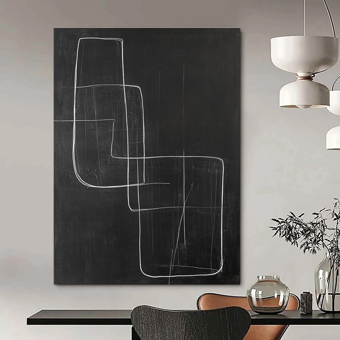Large abstract drawing featuring a square and an abstract chair in white lines on black paper, minimalist style with a dark background.STSC1185