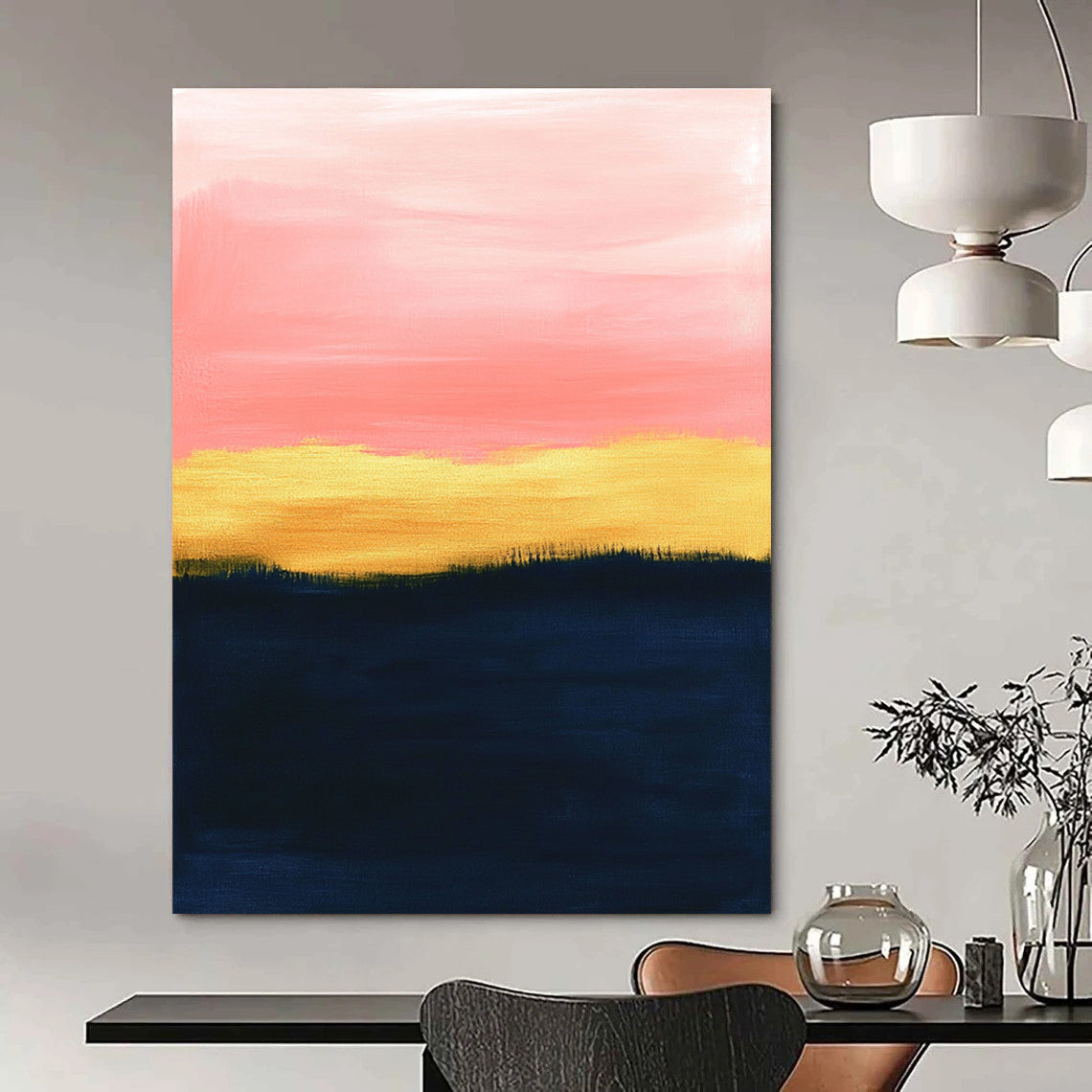 Large abstract painting with a pink sky navy blue ground and golden brown grass featuring soft pastel colors and minimalist design in oil on canvas.STSC1345