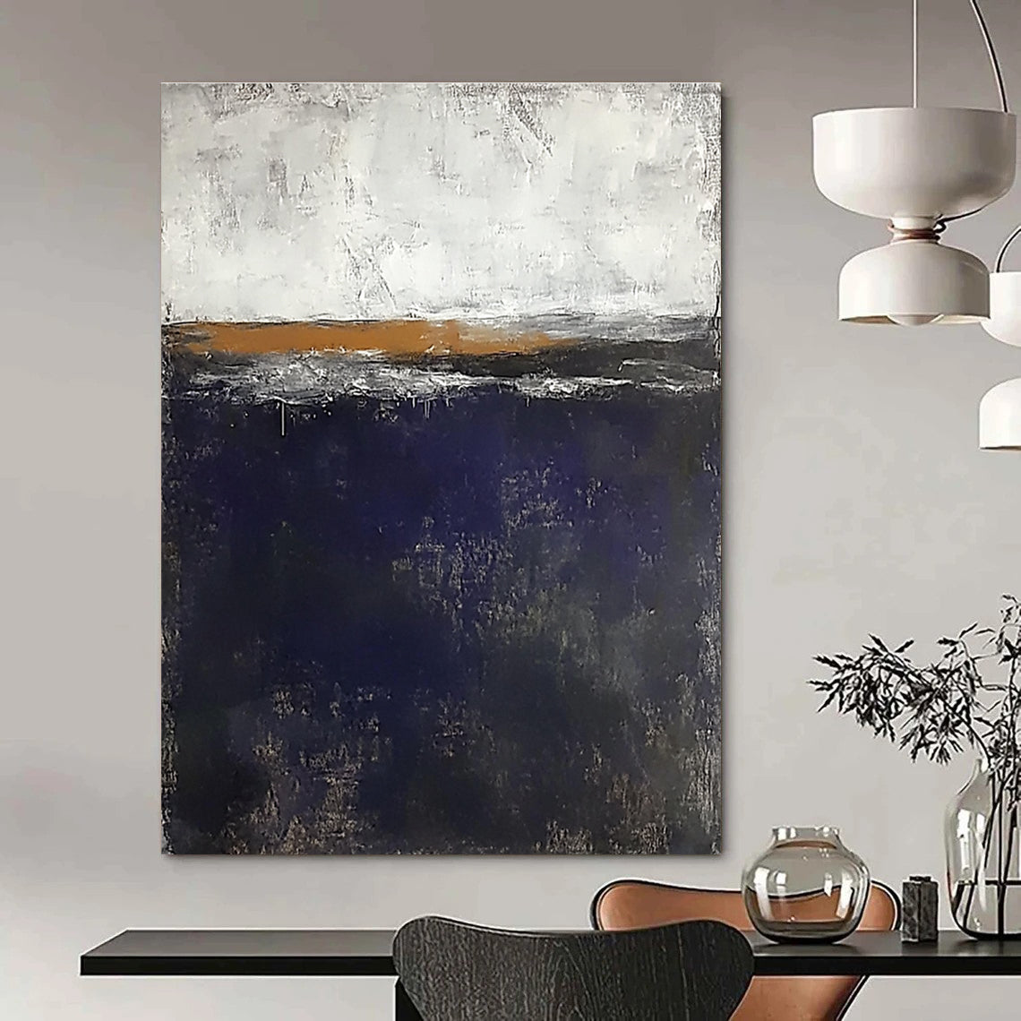 Large abstract painting of the sea in dark blue and gray with white highlights and small brown elements against a flat gray background.STSC706
