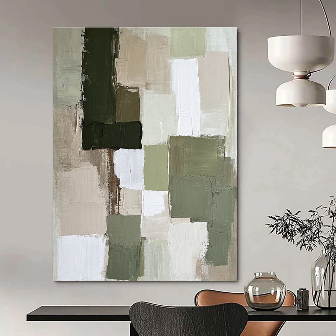 Large abstract painting featuring soft neutral tones like sage green and beige with dynamic textures and shapes that create a calm atmosphere.STSC767