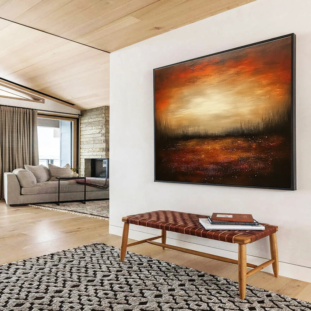 Dark Sunset Field Abstract Painting with Warm Oranges and Browns DYP246