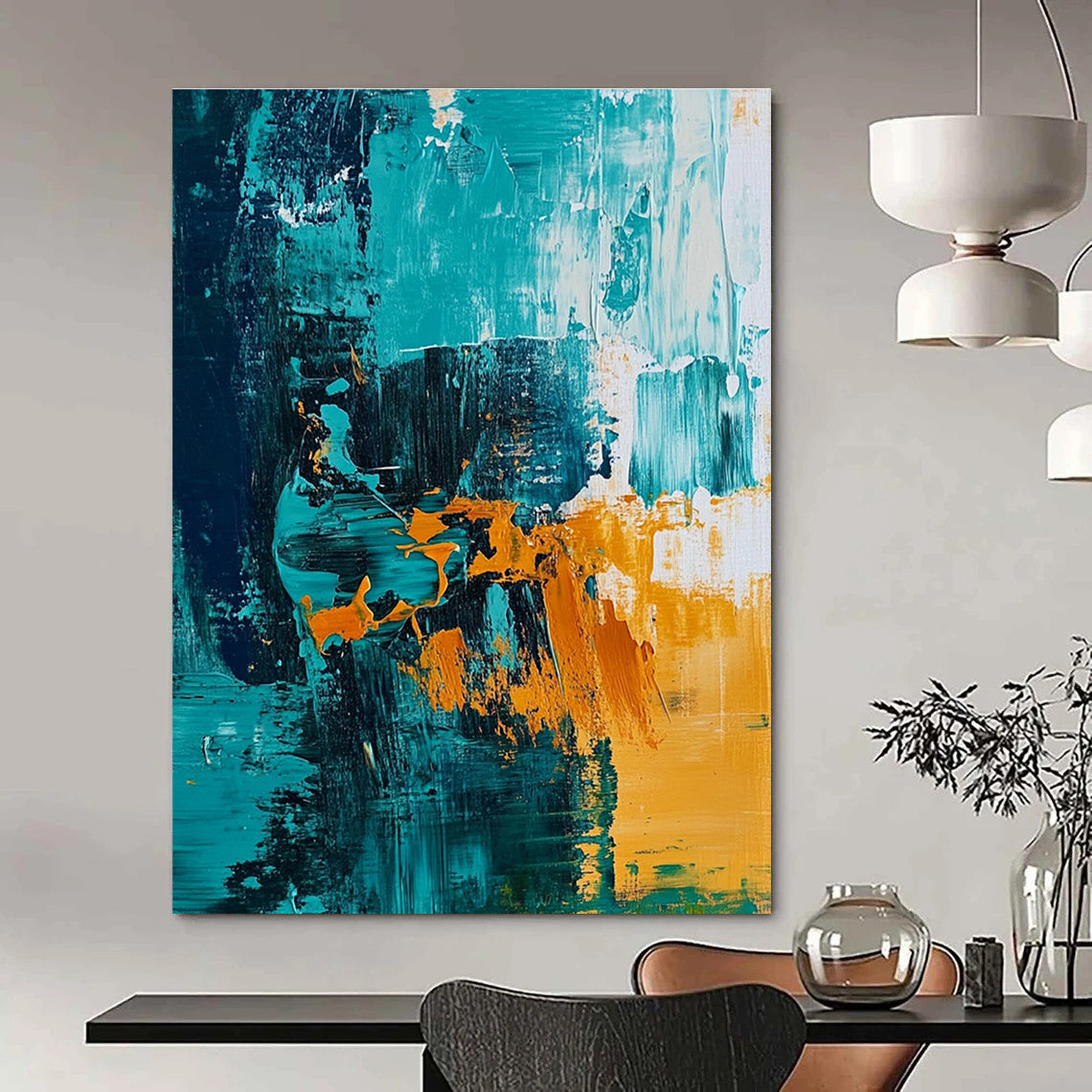 Large abstract painting of the ocean featuring teal and amber hues with expressive brush strokes for vibrant wall decor.STSC704