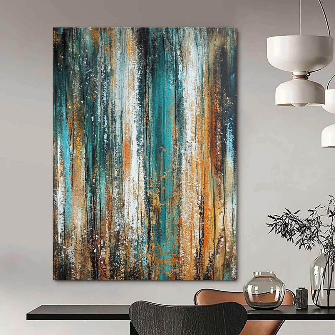 Large abstract oil painting featuring vertical textures in green and blue with brown and orange accents in a vintage style.STSC205