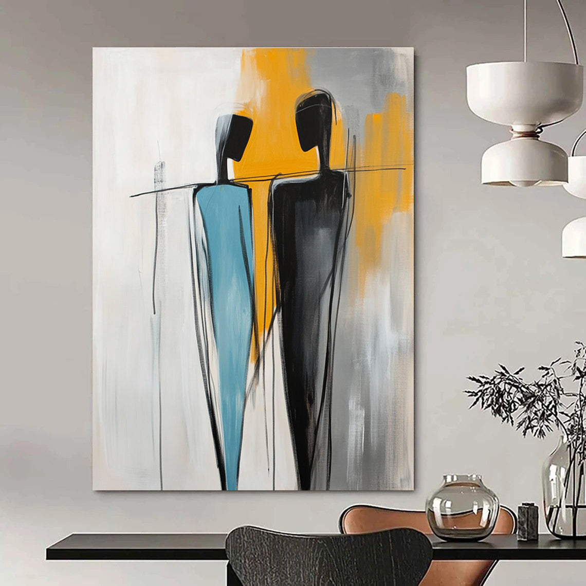 Large abstract painting featuring two figures one in light blue and the other in black with yellow accents against a white background with visible brush strokes.STSC1146