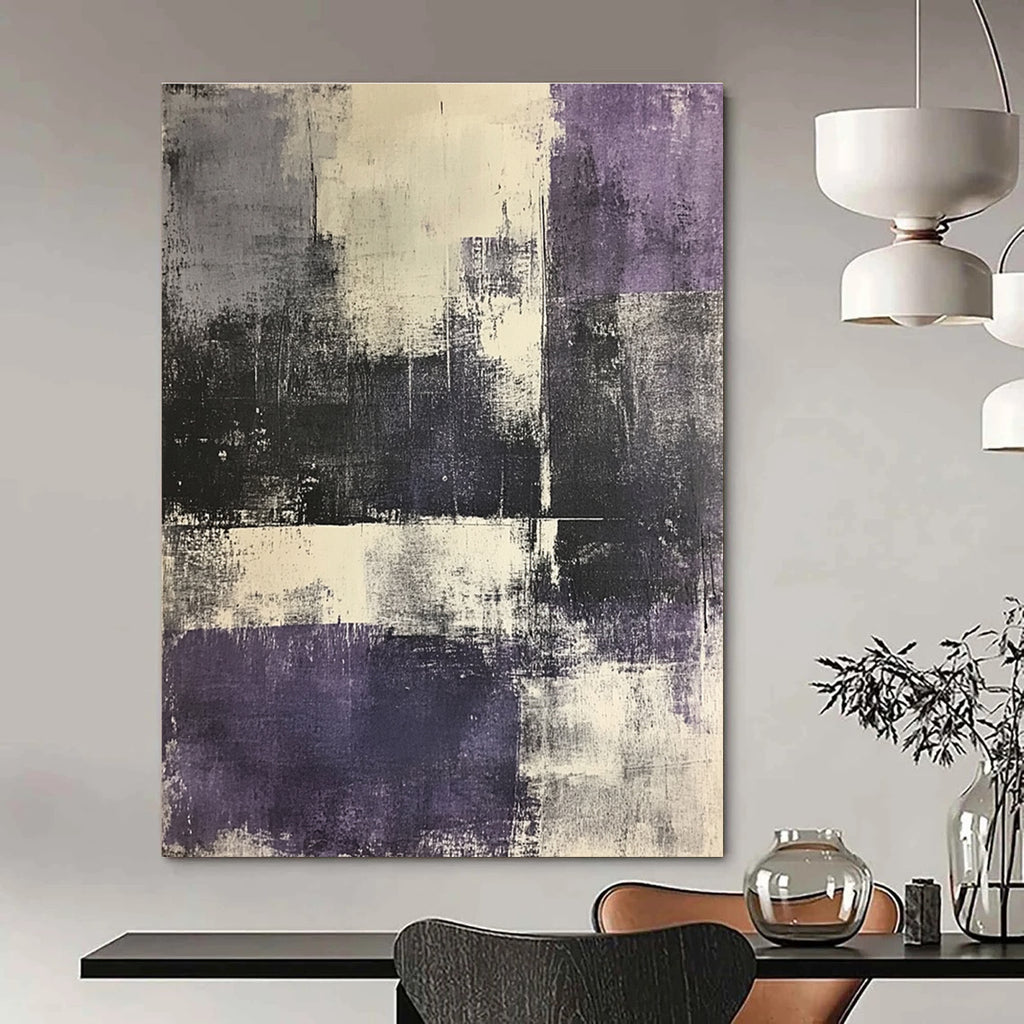 Large abstract painting in shades of gray and purple featuring an urban landscape with white elements on textured paper.STSC622