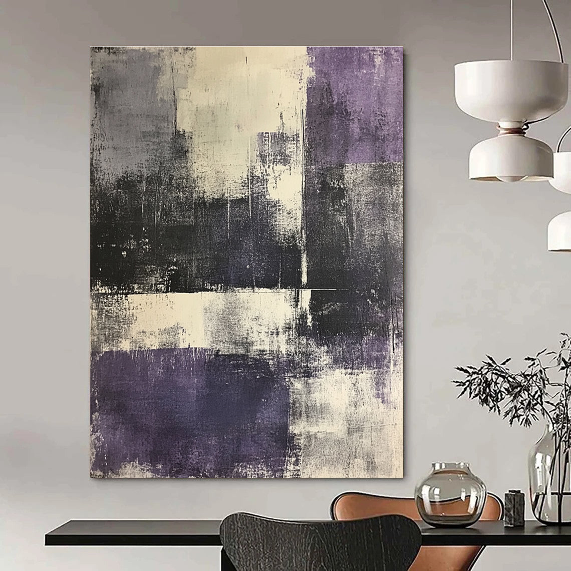 Large abstract painting in shades of gray and purple featuring an urban landscape with white elements on textured paper.STSC622