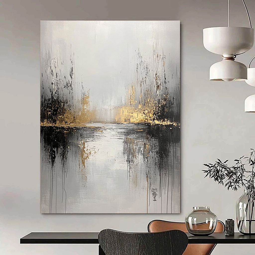 Large abstract painting featuring a gray and white background with gold accents and soft edges evoking tranquility and solitude through layers and distant foliage.STSC396