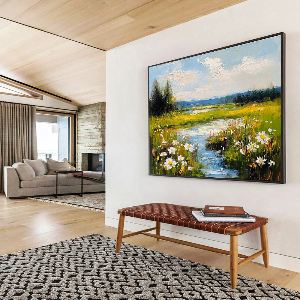 Flower - Filled River Valley Impressionistic Abstract Painting with Bright Colors DYP594