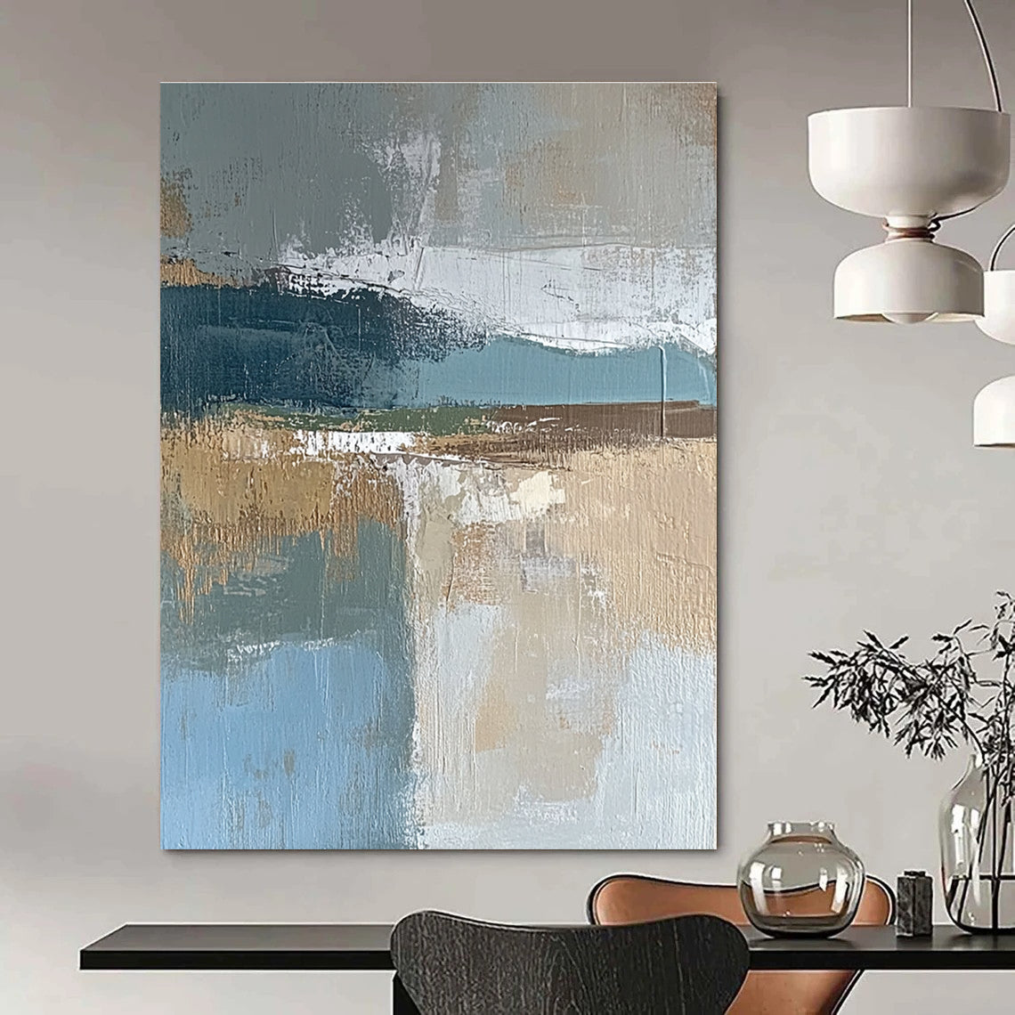 Large abstract painting featuring muted blue gray and brown tones with textured brushstrokes and earthy accents in green and beige.STSC563