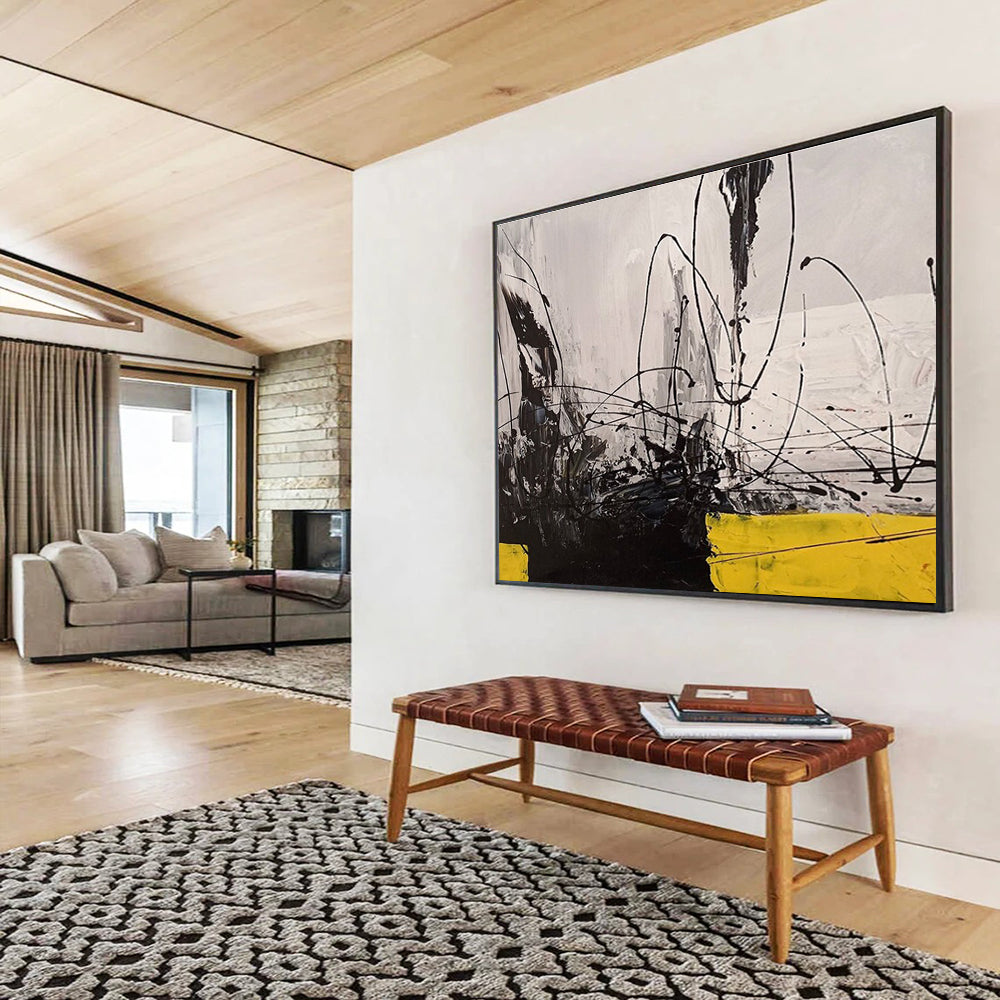 Black White Yellow Abstract Painting THY008