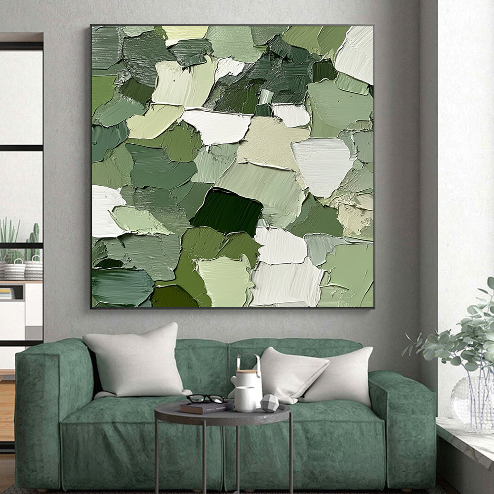 Green and White Patchwork Abstract Painting with Thick Brushstrokes GER043